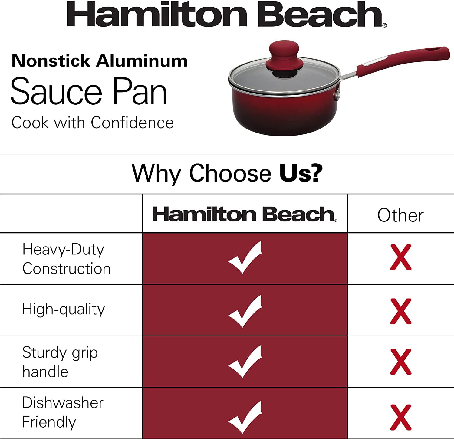 Hamilton Beach 8.5 Quart Aluminum Nonstick Round Dutch Oven Pot, Red 