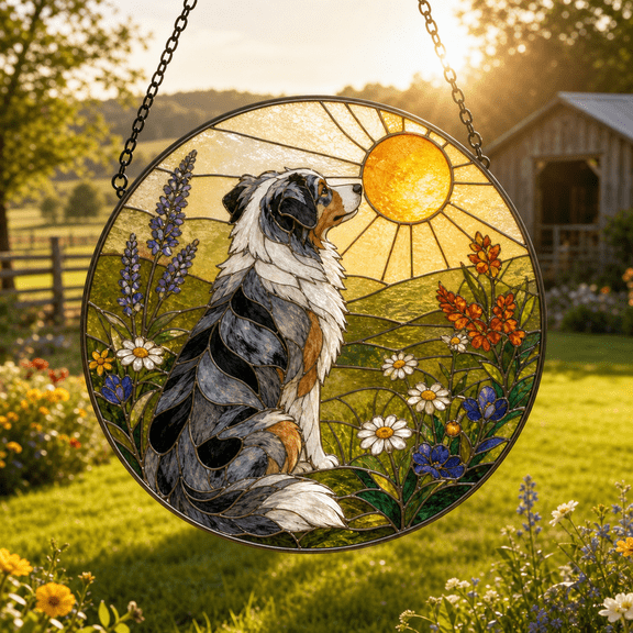 Australian Shepherd Suncatcher Stained Glass Window Hanging Dog Lover Gift