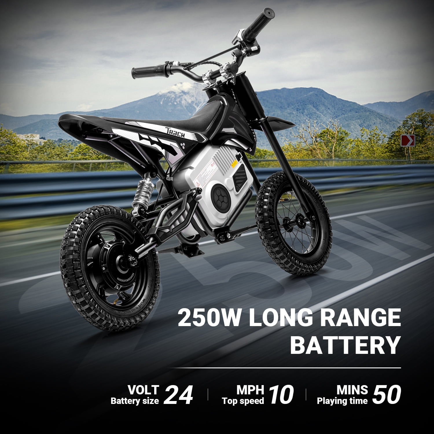 Track Seven 24V Electric Dirt Bike, 250W Ride on Motorcycle with Twist Grip Throttle, Hand-Operated Dual Brakes, Speed Up to 10 MPH, for Age 8-12, Black