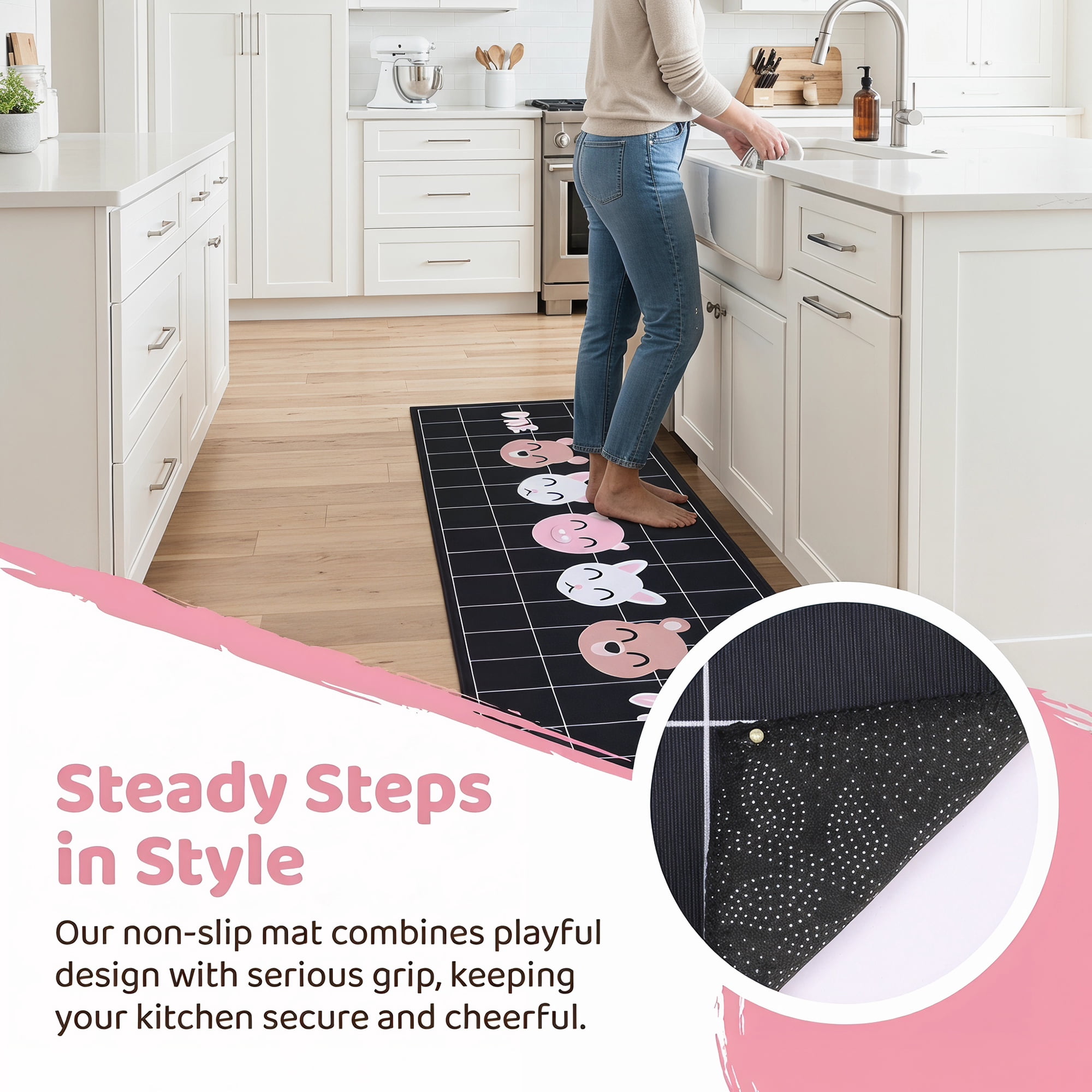 Unique Bargains Non Slip Animal Floral Printed Kitchen Rugs and Mats Black 24"x16"+47"x16"
