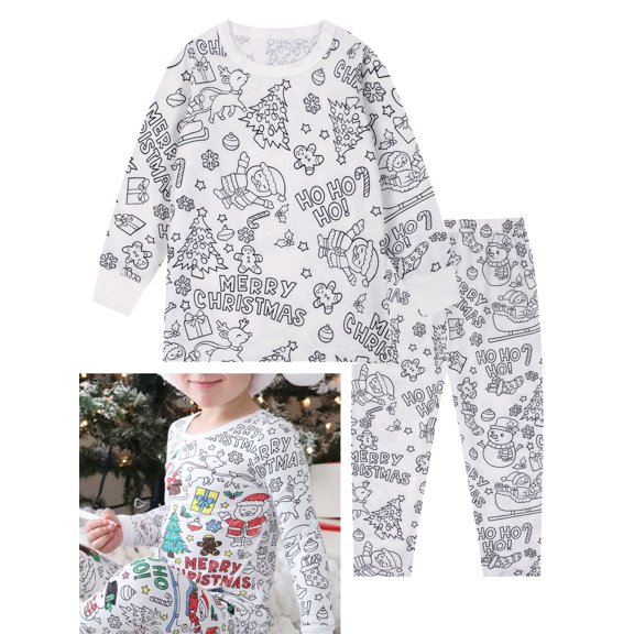 WIBACKER Color Your Own Pajamas for Little Girls Boys, DIY Painted 2PCS Pjs Sleepwear Set - Christmas 5T