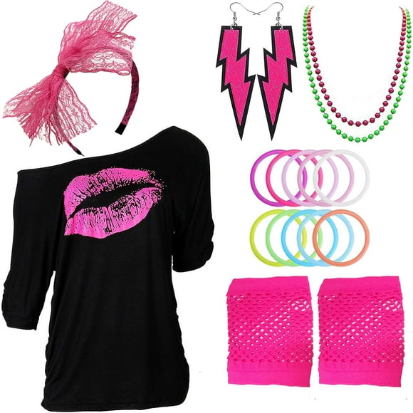 80s Outfits Costume Accessories for Women I Love 80's Print Off Shoulder T-Shirt for 80s Costumes (2-Hot Pink Small)