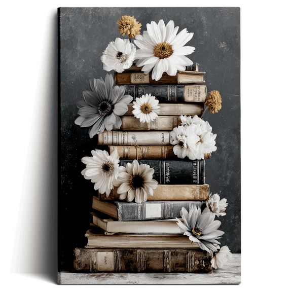 Topbout Art Vintage Book Daisy Floral Rustic Modern Canvas Wall Art Gallery Wrapped for Office Reading 18x12 inch
