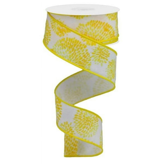 1.5"X10yd Color Bursts Cotton Wired Ribbon, Yellow and White