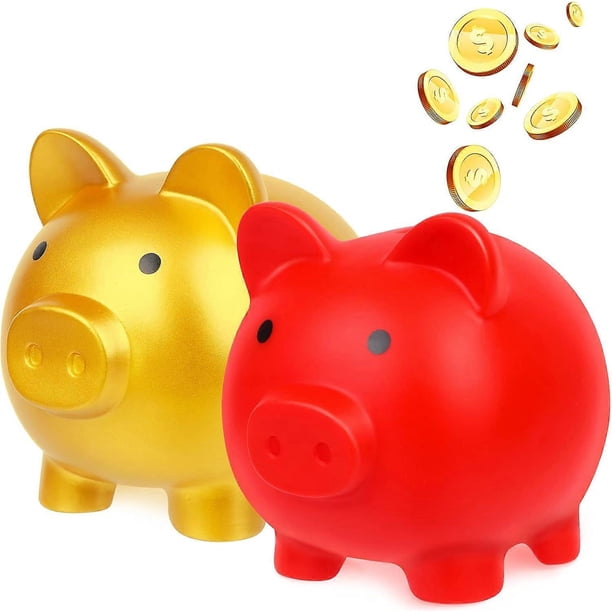 2 Pcs Cute Piggy Bank Plastic Pig Money Bank Adults Piggy Bank Pig Money Box Coin Bank Plastic Saving (M) (Gold, Red)