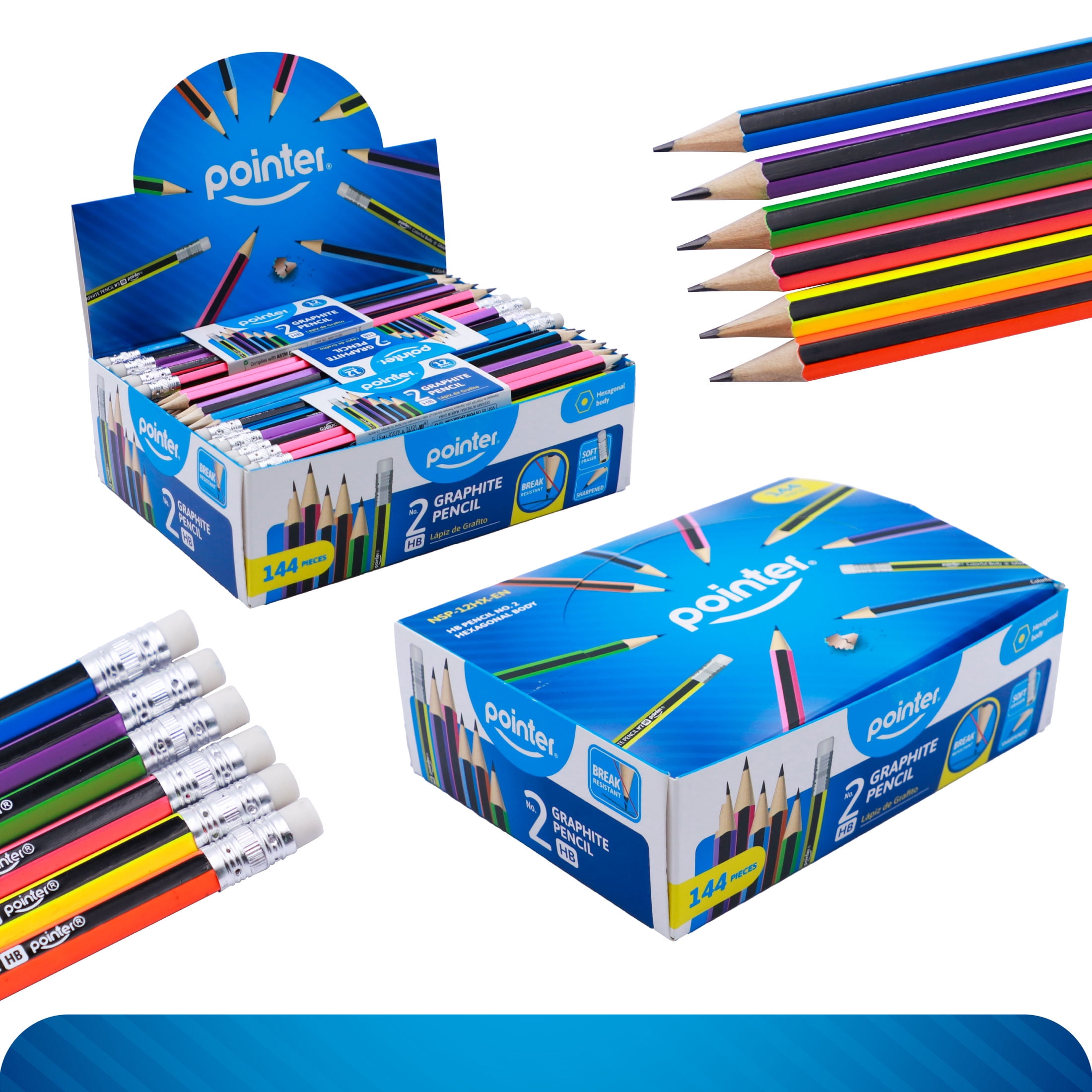 Pointer Colorful Body Graphite Pencils, Soft Eraser, HB, 12 Count, 12 pack
