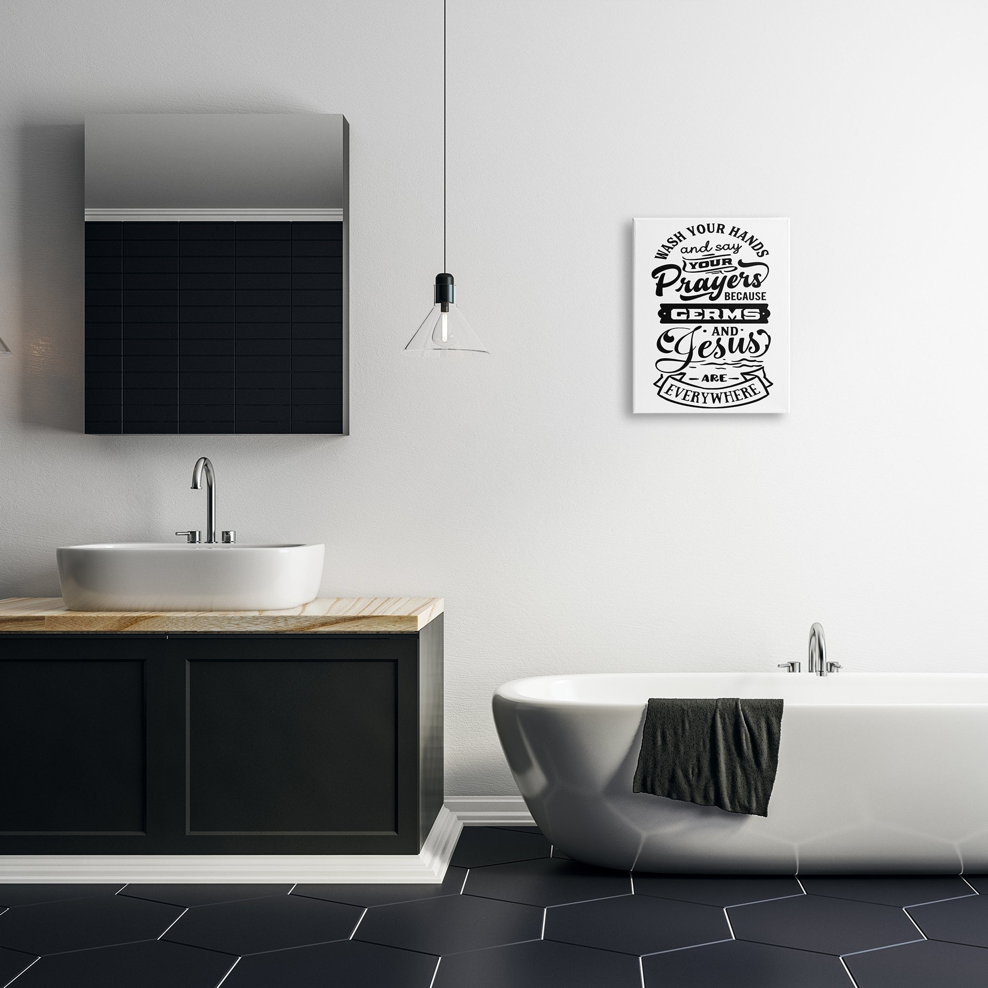 Stupell Industries Wash Hands & Prayers Witty Religious Bathroom Sign Graphic Art Gallery Wrapped Canvas Print Wall Art, Design by Lettered and Lined