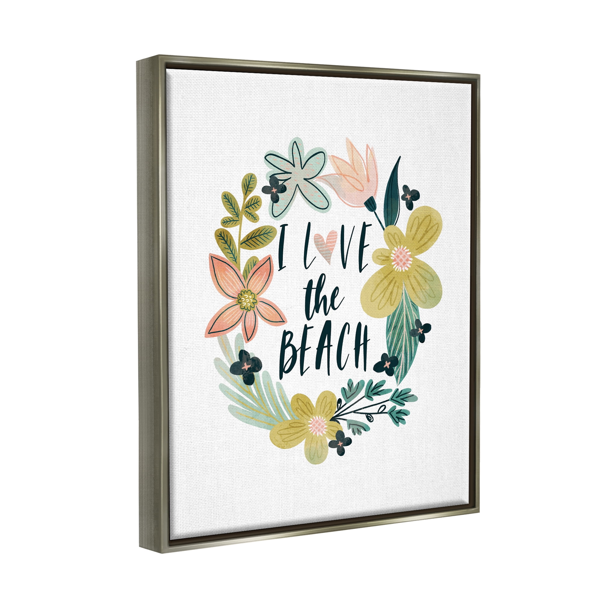 Stupell Industries Love the Beach Wreath Botanical & Floral Painting Gray Floater Framed Art Print Wall Art, 17 x 21