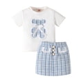 thumbnail image 2 of KYAIGUO Baby Toddler Girls 2 Piece Summer Outfits Short Sleeve T-Shirt Tops Plaid Mini Skirt Set for 18M-6T, 2 of 11