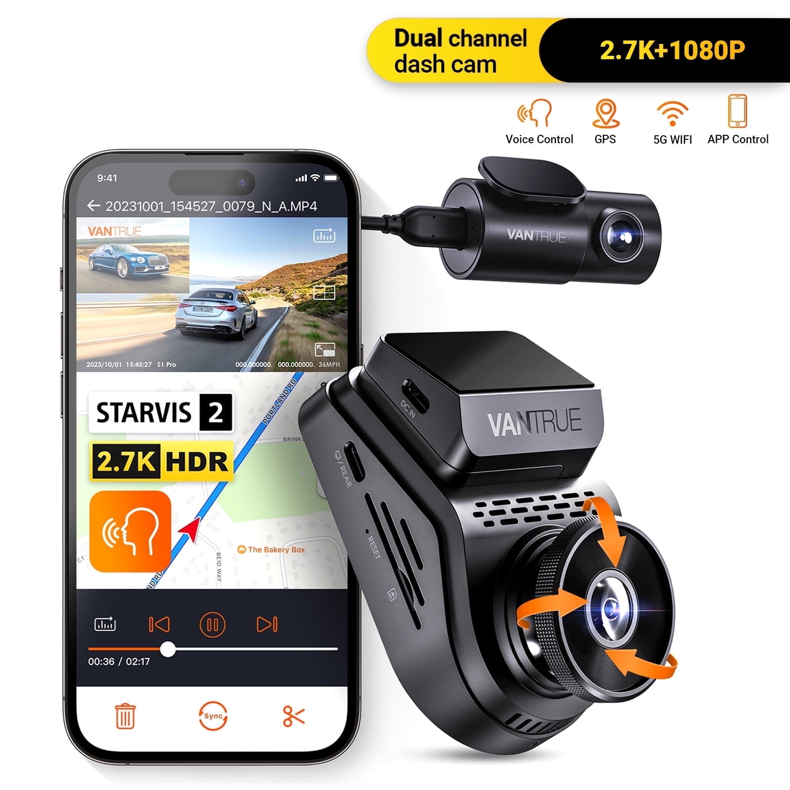 Vantrue 2.7K Dual Dash Cam, STARVIS 2 HDR, 1440P 60FPS, GPS, Voice Control, 24/7 Parking, 512GB Max