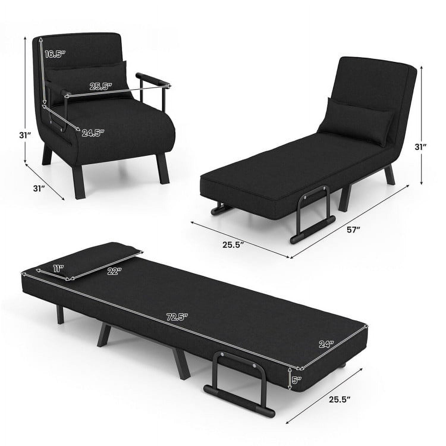 Folding Chair Bed, Folding 6 Position Convertible Sleeper Bed Armchair Lounge Couch with Pillow, Cozy Futon Chair for Small Spaces, Office, Black