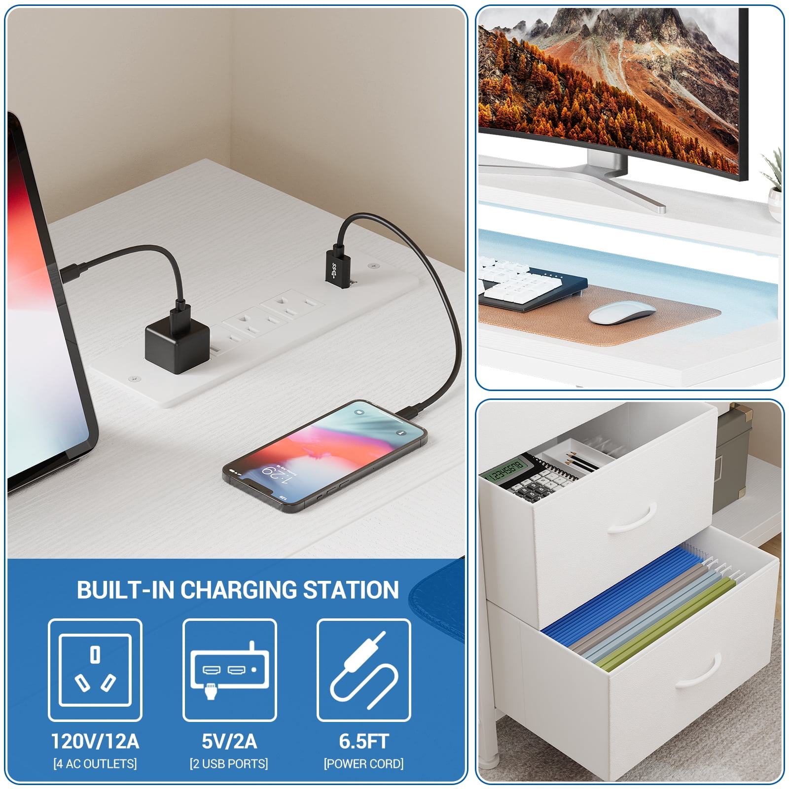 43 Inch Computer Desk With Drawers, L Shaped Desk with Power Outlets and Led Lights, Gaming Desk with Shelves and Monitor Stand