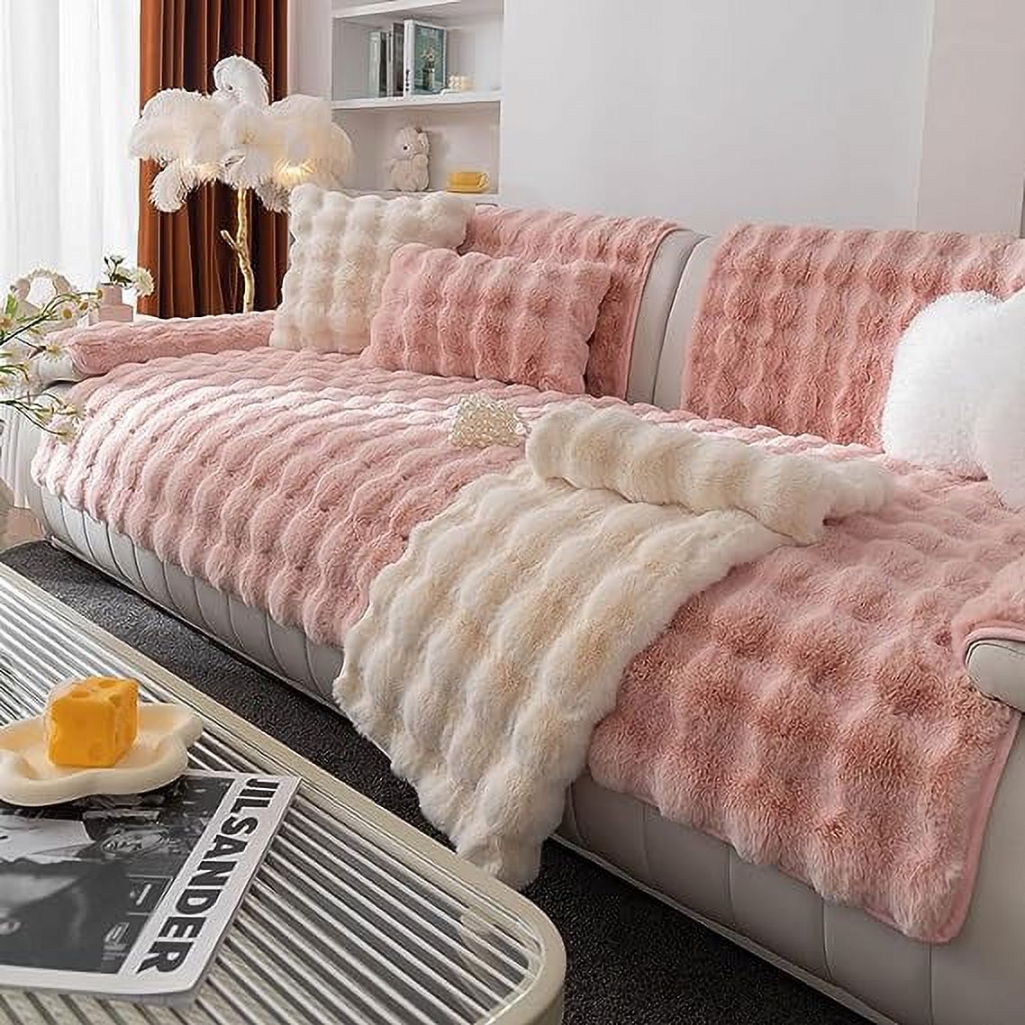 Nvzi Luxury Thick Faux Fur Plush Couch Cover Ultra Soft Anti-Slip Sofa Cover Fluffy Furry Sofa Slipcover Washable Furniture Protector for Kids Dogs Cats Pet (Pink,28"x28")