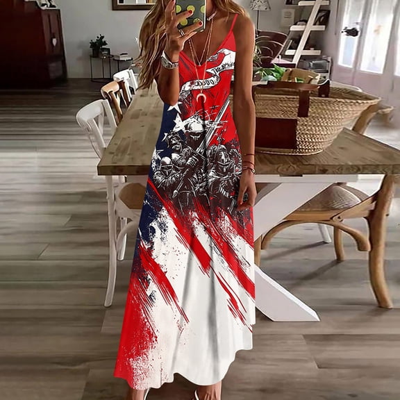 Vetsdori Women's Red White and Blue Maxi Dress Fourth of July Summer Slip Dress Graphic Backless Party,Tank V-Neck Dress for Women Ankle Length