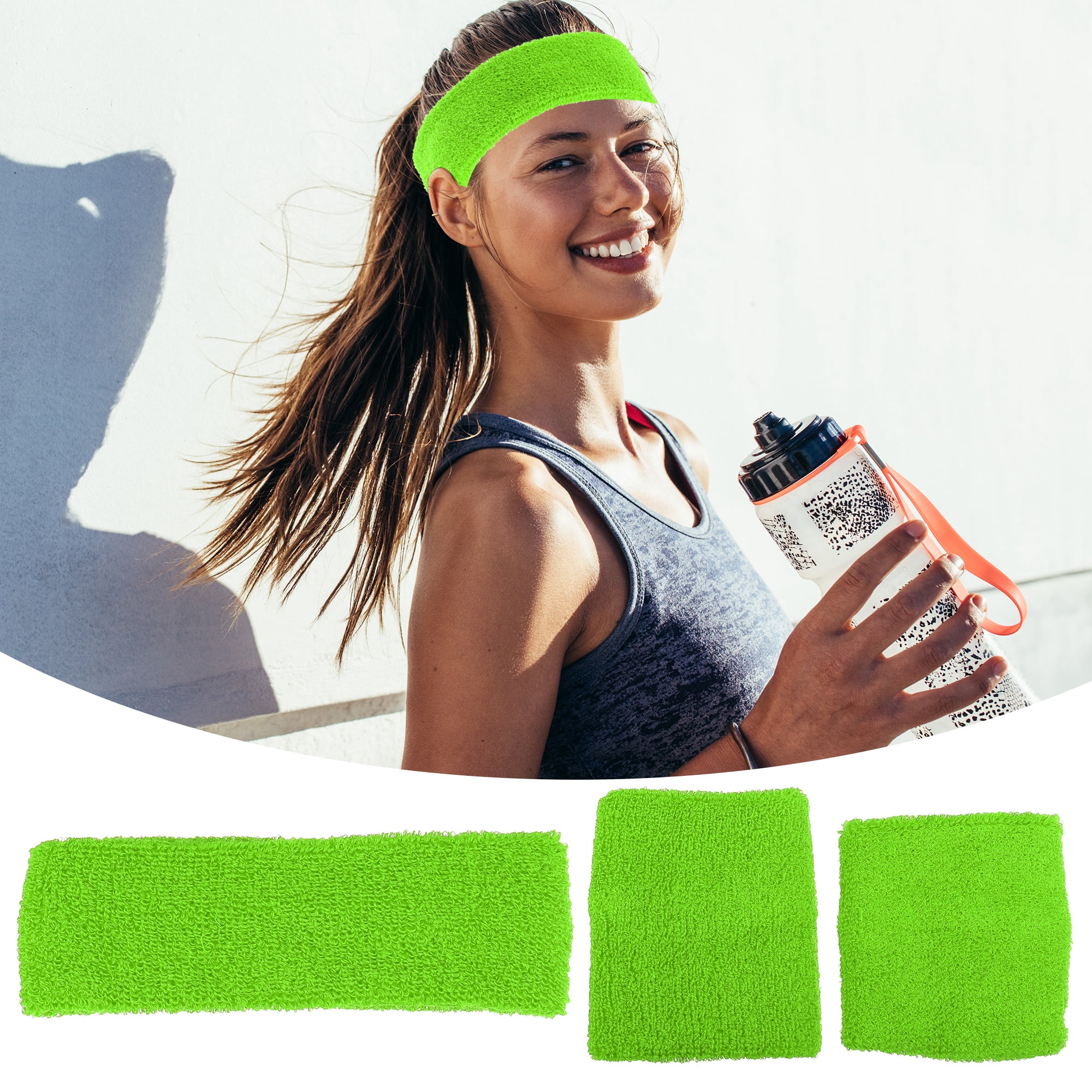Unique Bargains 3 Pcs Sport Headband Wristband Sweatband Cotton Blend Fluorescent Green
