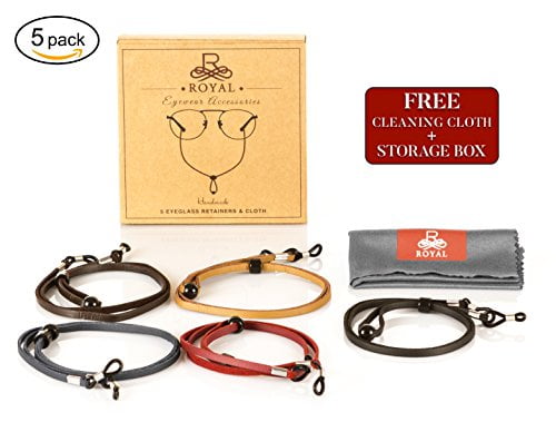 Best Glasses Hold - Premium Eco Leather & Classic Chains Strap Retainer Lanyard Necklace Cord 5-Pack & Microfibre Cloth Royal Eyeglasses Holder Strap Cords Non-Slip Loops & Protects Most Eyewear