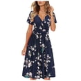 thumbnail image 1 of ICHUANYI Clearance Women Casual V-Neck Short Sleeve Summer Flower Print Knee-Length Dress For Beach(Black, M) ICHUANYI WER2023080807794, 1 of 6