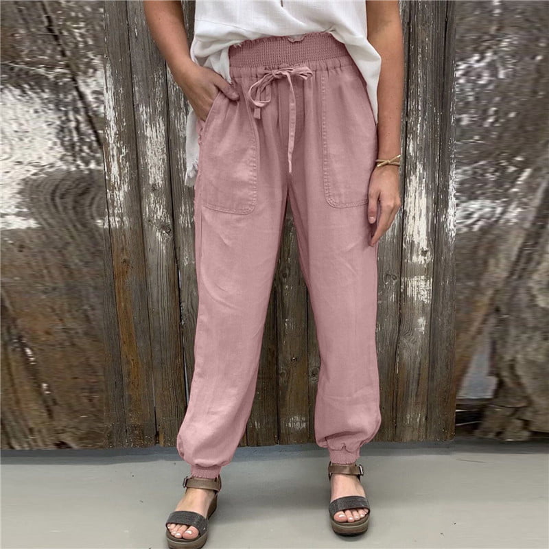 2019 New Women Casual Punk Pants Fashion Elastic Waist Harem Pants Solid Color Stitching Trousers with Pockets Black 