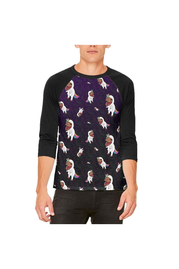 T-Rex Wearing Unicorn Costume Rexicorn Pattern Mens Raglan T Shirt White-Black X-LG