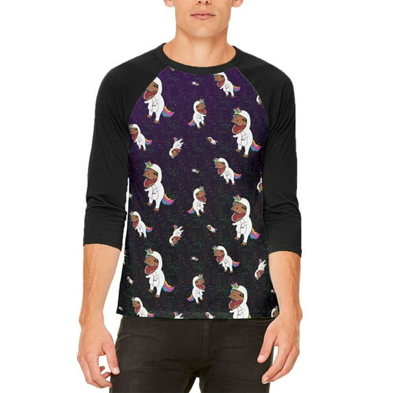 T-Rex Wearing Unicorn Costume Rexicorn Pattern Mens Raglan T Shirt White-Black SM
