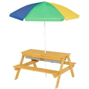 GLACER 3-in-1 Kids Picnic Table, Wooden Sand and Water Table w/Removable & Adjustable Umbrella, Removable Sand Box, Built-in Benches, Kids Outdoor Furniture for Toddler, Patio, Backyard (Colorful)