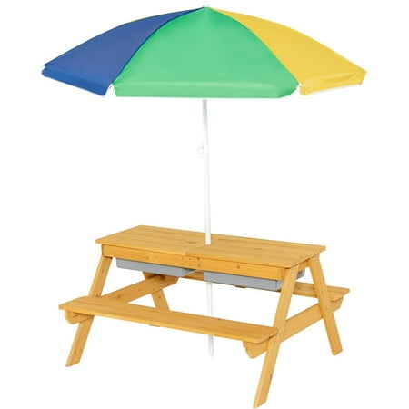 GLACER 3-in-1 Kids Picnic Table, Wooden Sand and Water Table w/Removable & Adjustable Umbrella, Removable Sand Box, Built-in Benches, Kids Outdoor Furniture for Toddler, Patio, Backyard (Colorful)