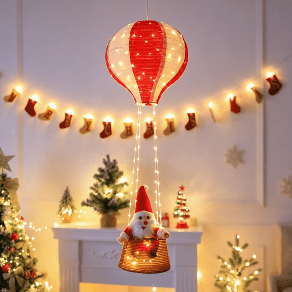 LED Christmas Lights, 3.2ft Christmas Decorative Hot Air Balloon Hanging Lights with Santa Doll, 8 Modes, Xmas Decorations Lights for Indoor Outdoor, Home, Garden, Window, Wall, Xmas Tree Decor