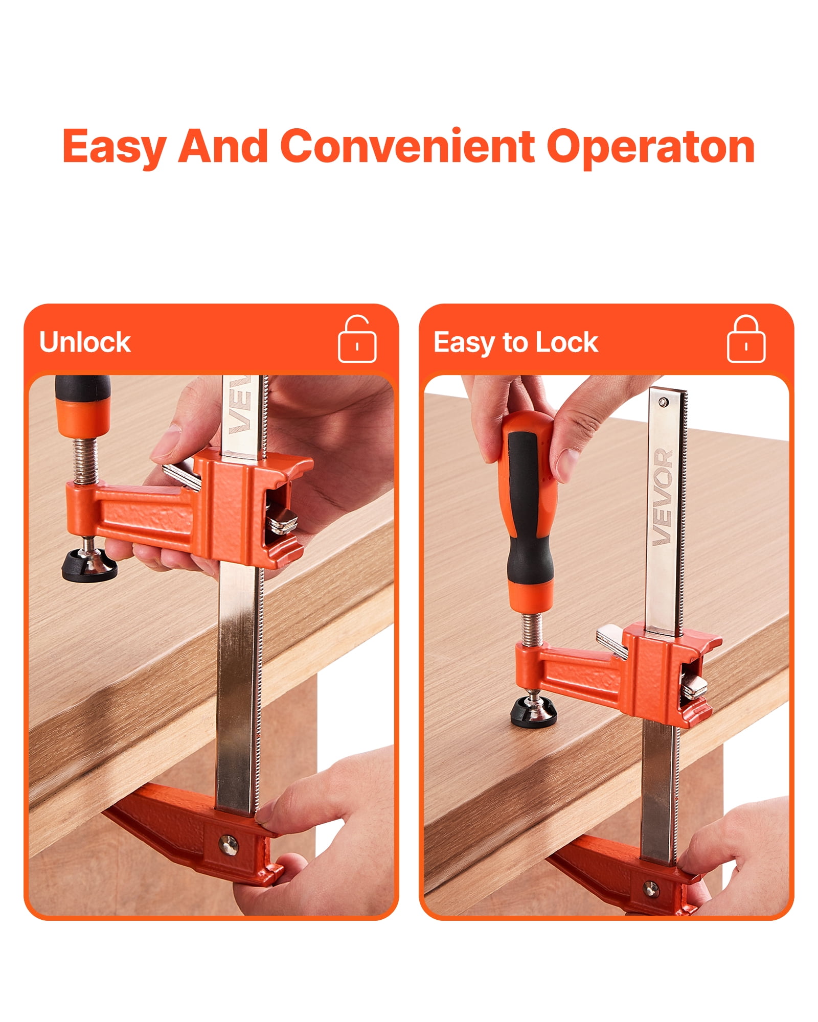 VEVOR Bar Clamps for Woodworking, 2-Pack 6 inch and 2-Pack 12 inch, Lockable F-Clamp with 600 lbs Load Limit, 2-1/2 inch Depth, Cast Iron and Carbon Steel, Wood Clamps for Woodworking Metal Working