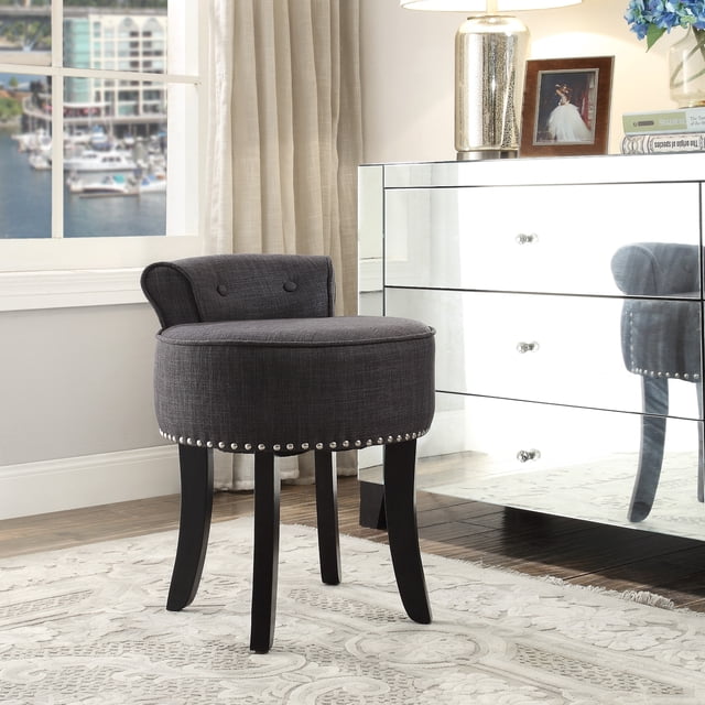 Inspired Home Bardot Linen Vanity Stool Nailhead Trim Roll Back Bedroom, Dark Grey