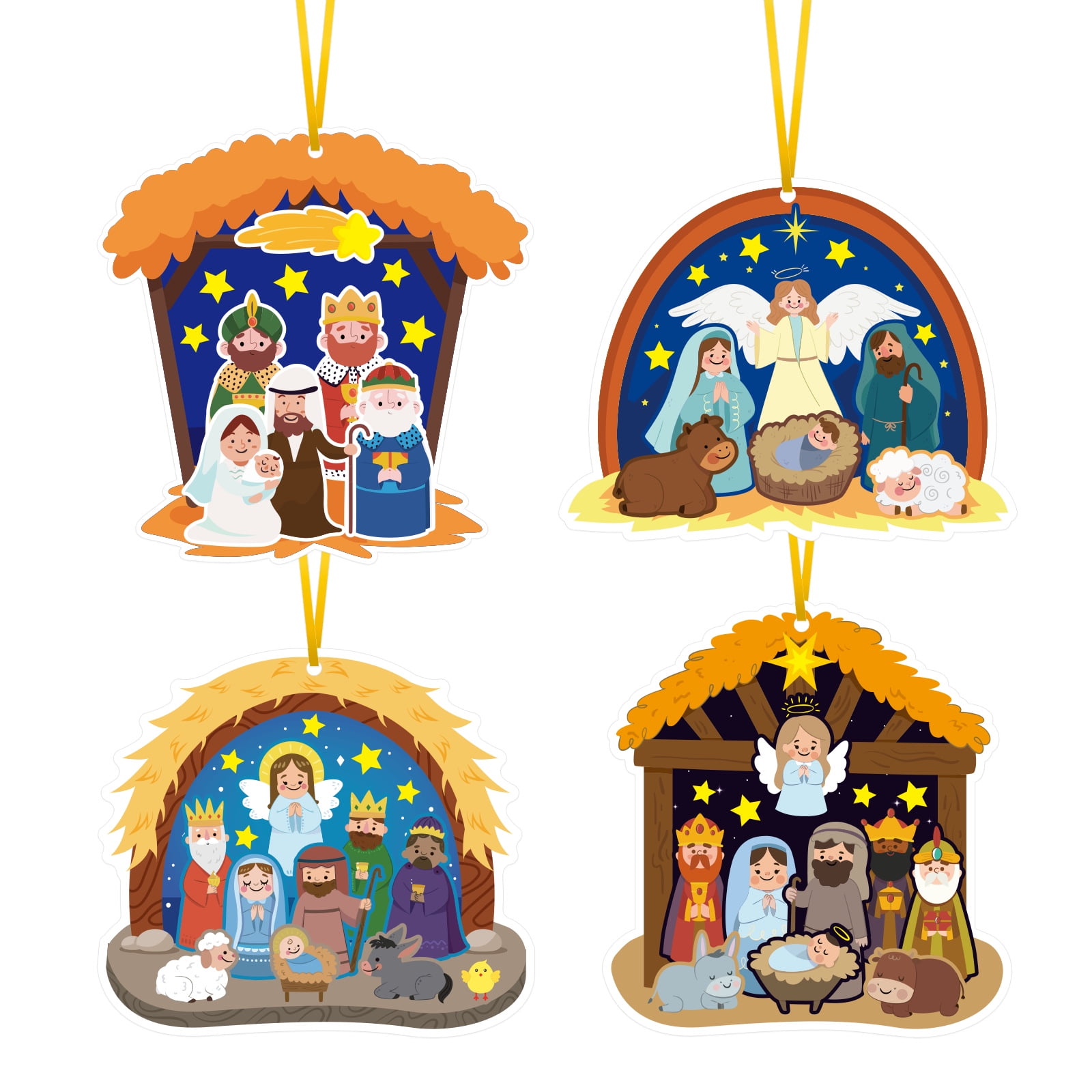 PTSPLLMY 72-Pcs Nativity Scene Craft Kit for Kids, DIY Christmas Tree Ornaments with Stickers, Manger Cards & Ribbons Gift Set