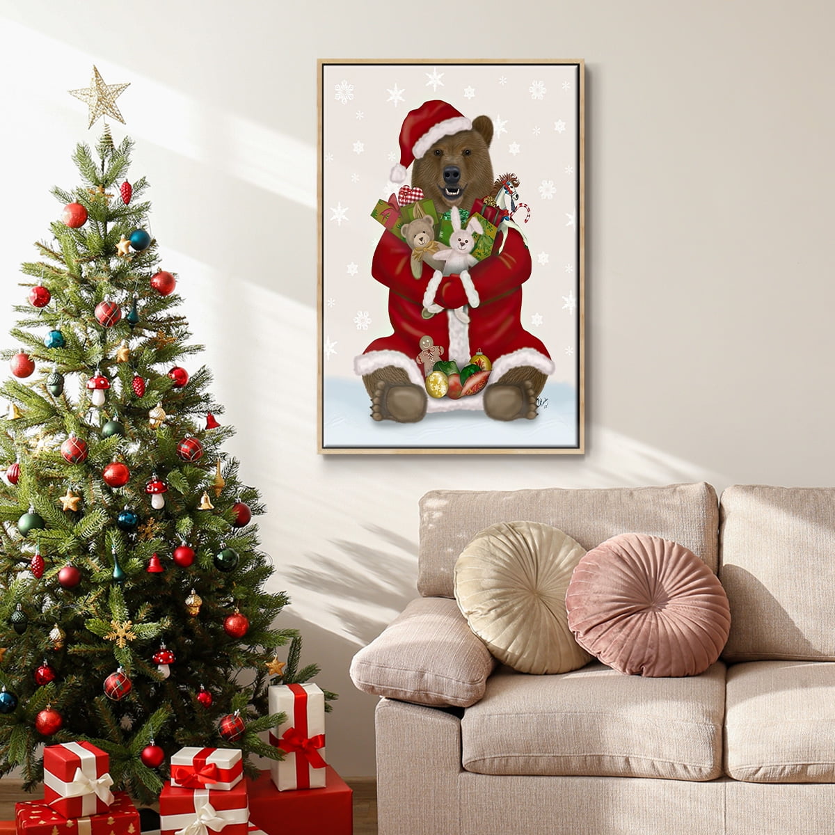 Christmas Christmas Present Bear Hug - Framed Gallery Wrapped Holiday Canvas - 27 x 41 - Natural Wood Frame