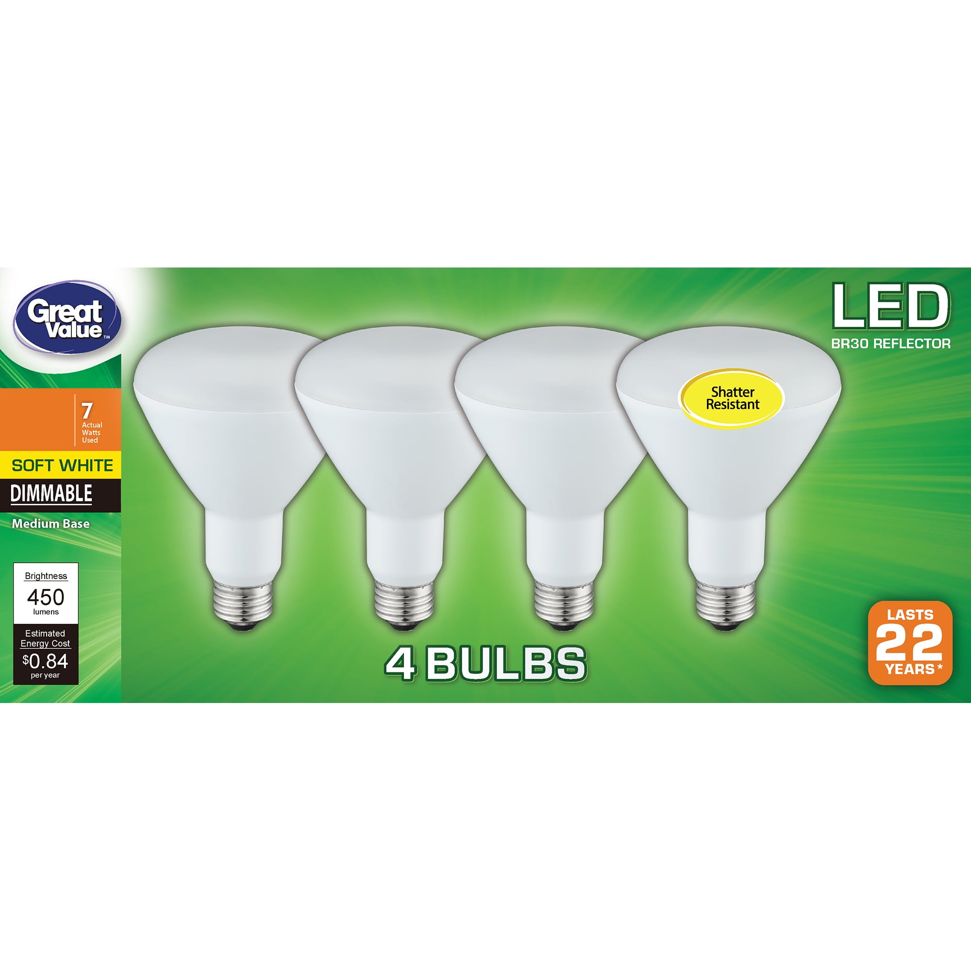 Great Value LED Light Bulb, 7W (45W Equivalent) BR30 Floodlight Lamp E26 Medium Base, Dimmable, Soft White, 4-Pack