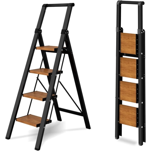 4 Step Ladder,Lightweight Folding Step Stool with Aluminum Wide Pedal& Convenient Handgrip,330lbs Capacity Steel Ladder for Household and Office(Black &Woodgrain)