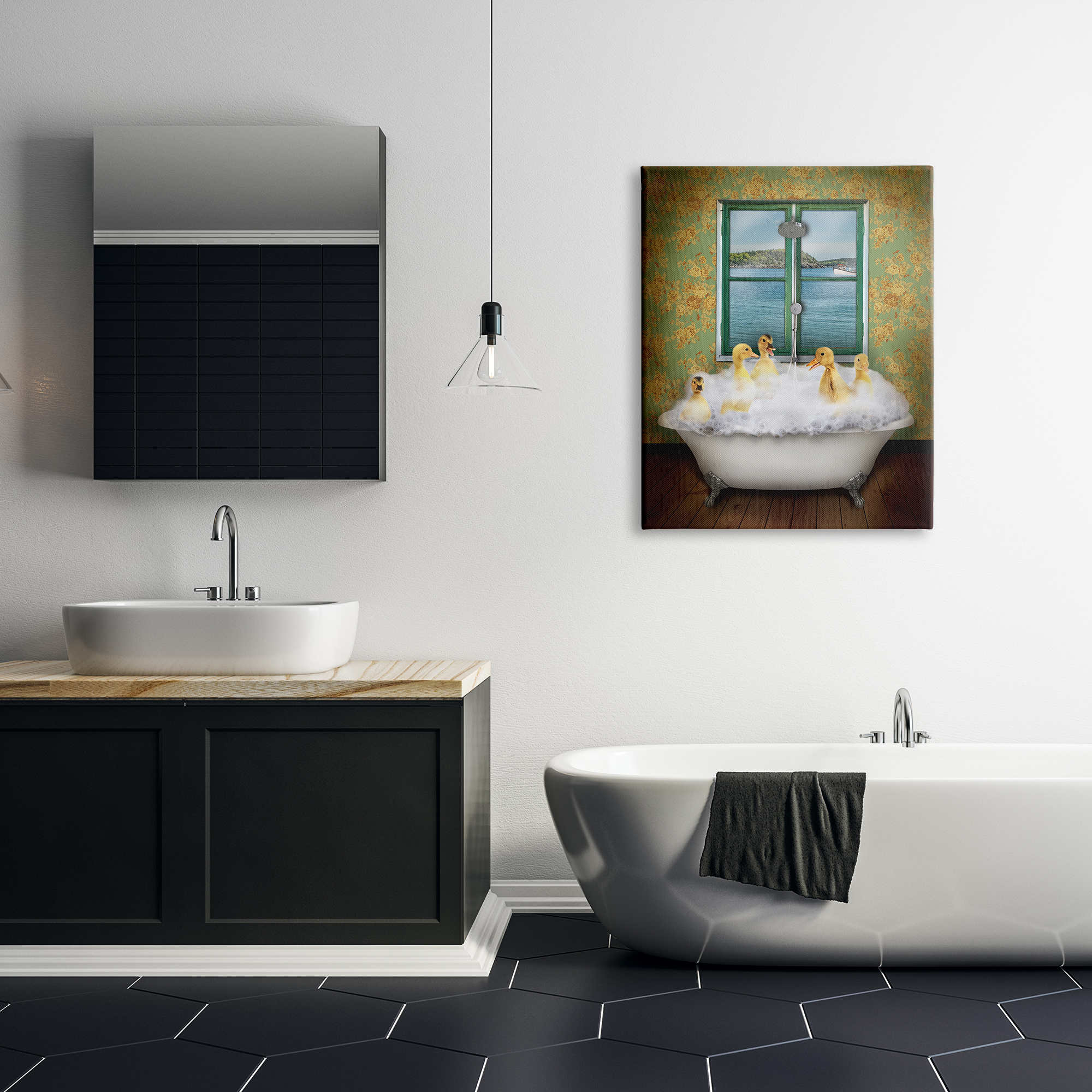 Ducks Bathing Tub Ocean View Animals & Insects Graphic Art Gallery Wrapped Canvas Print Wall Art