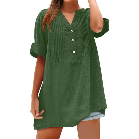 Women's Linen Tops Summer Loose Fit Long Shirts Imitation Cotton Linen Textured 3/4 Sleeve Shirts Casual V Neck Button TShirt Trendy Pleated Solid Basic Blouses