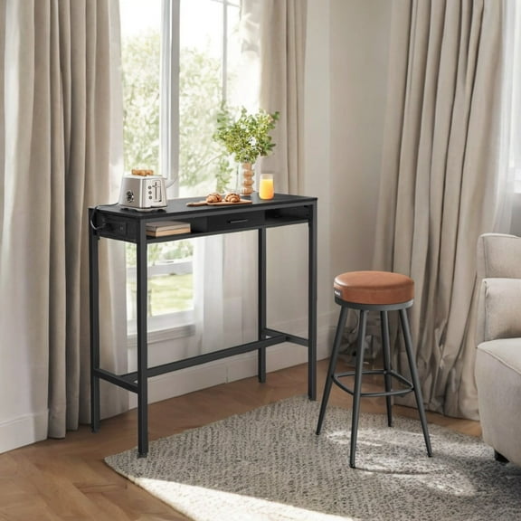LEDREM 39.4" Bar Table with Power Outlets & Storage Drawer, Adjustable Height Pub Table with USB Ports & Hooks, Narrow Design, Ebony Black