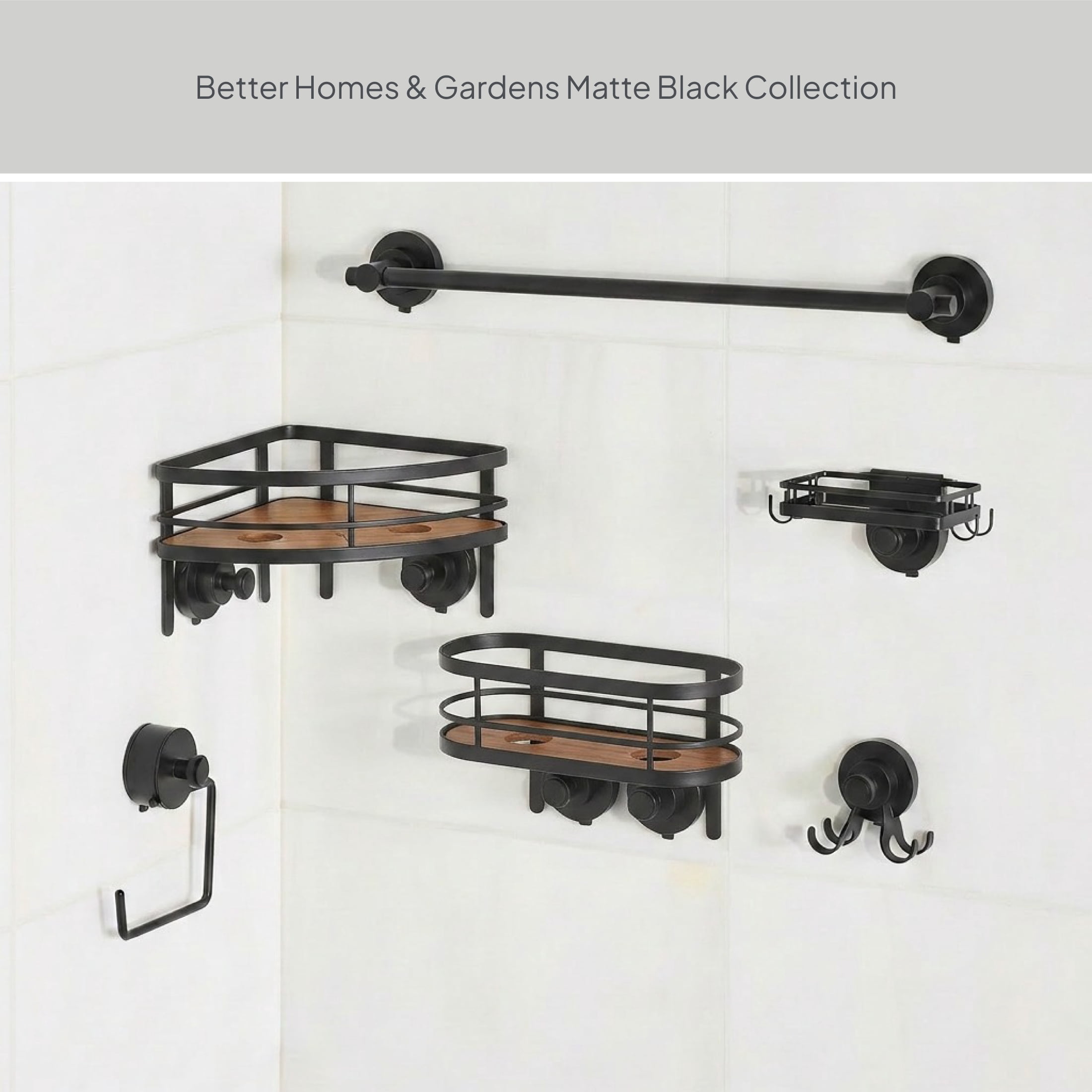 Better Homes & Gardens StyleGrip™ Suction Mount Shower Caddy with Carbonized Acacia Wood Tray, Matte Black