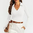 thumbnail image 2 of Womens Polo Shirts 2025 Fall Long Sleeve V Neck Ribbed Knit Tops Casual Slim Fit Solid Basic Pullover Tee Shirts, 2 of 8