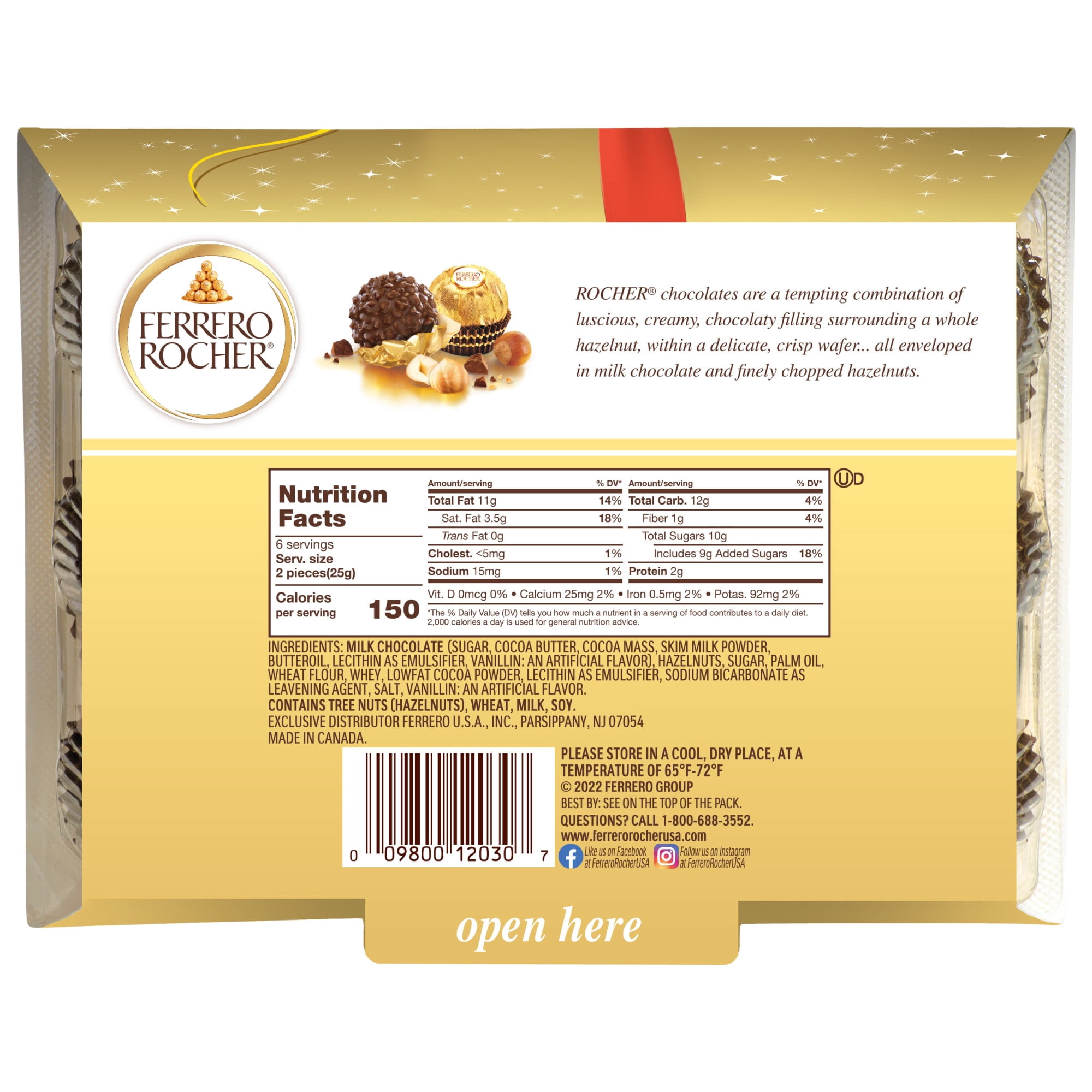 Ferrero Rocher, Fine Hazelnut Chocolates, Individually Wrapped, 12-Count Holiday Chocolate Gift Box, 5.3 oz