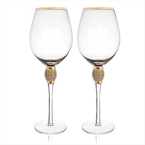 Juego de 2 Copas de Vino con Borde Dorado de Cristal, Elegantes Copas de Champán Decorativas de Tallo con Diamantes, Copas de Cóctel, Regalos A