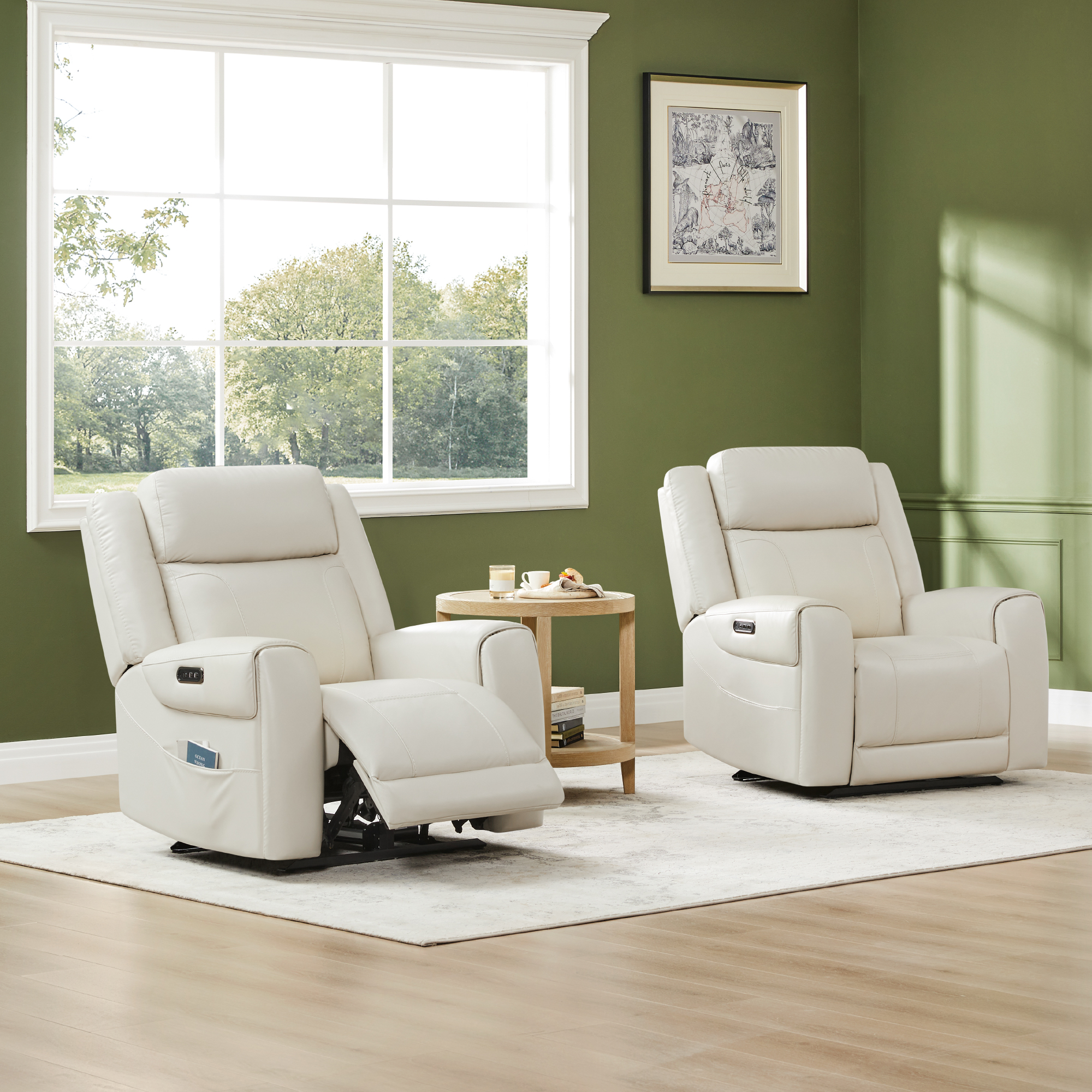 Spruce & Spring Wall Hugger Genuine Leather Power Recliner with Headrest, Cream