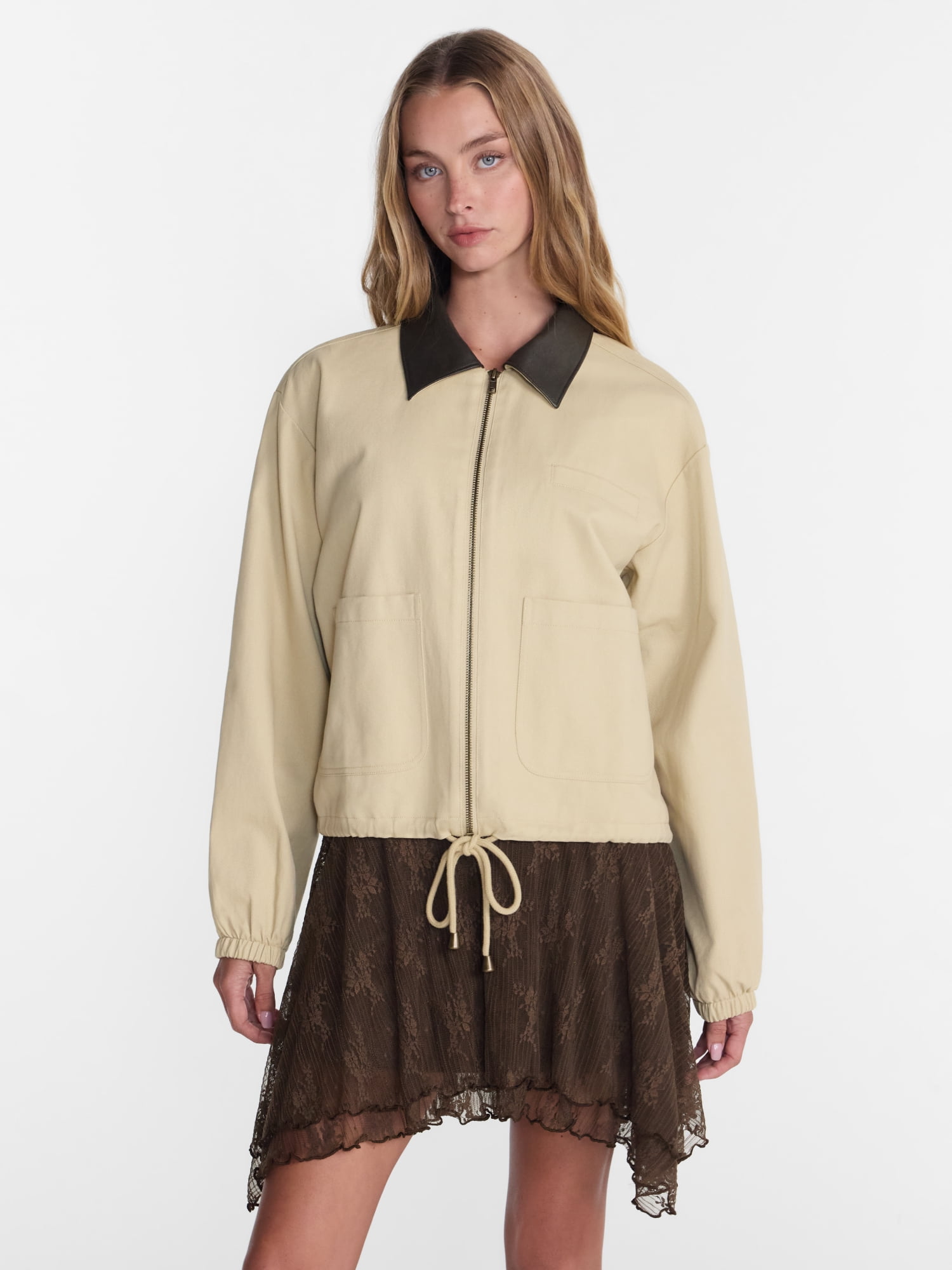 No Boundaries Cotton Twill Barn Jacket with Faux Leather Collar, Women's XXS-4X