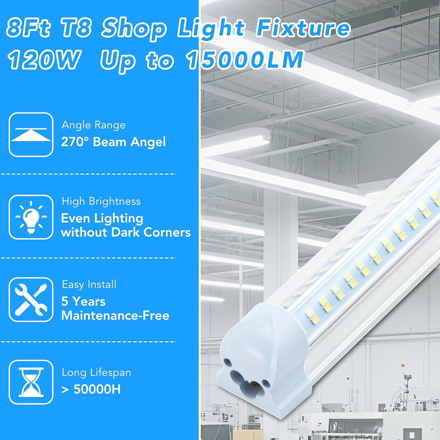 (10-Pack) 8ft LED Shop Light Fixture, V Shape 150W 18800LM 6000K ( Cold White),8 Foot , 96'' T8 Integrated LED Tube, Linkable Led Bulbs for Garage, Warehouse, Plug and Play, Clear Lens