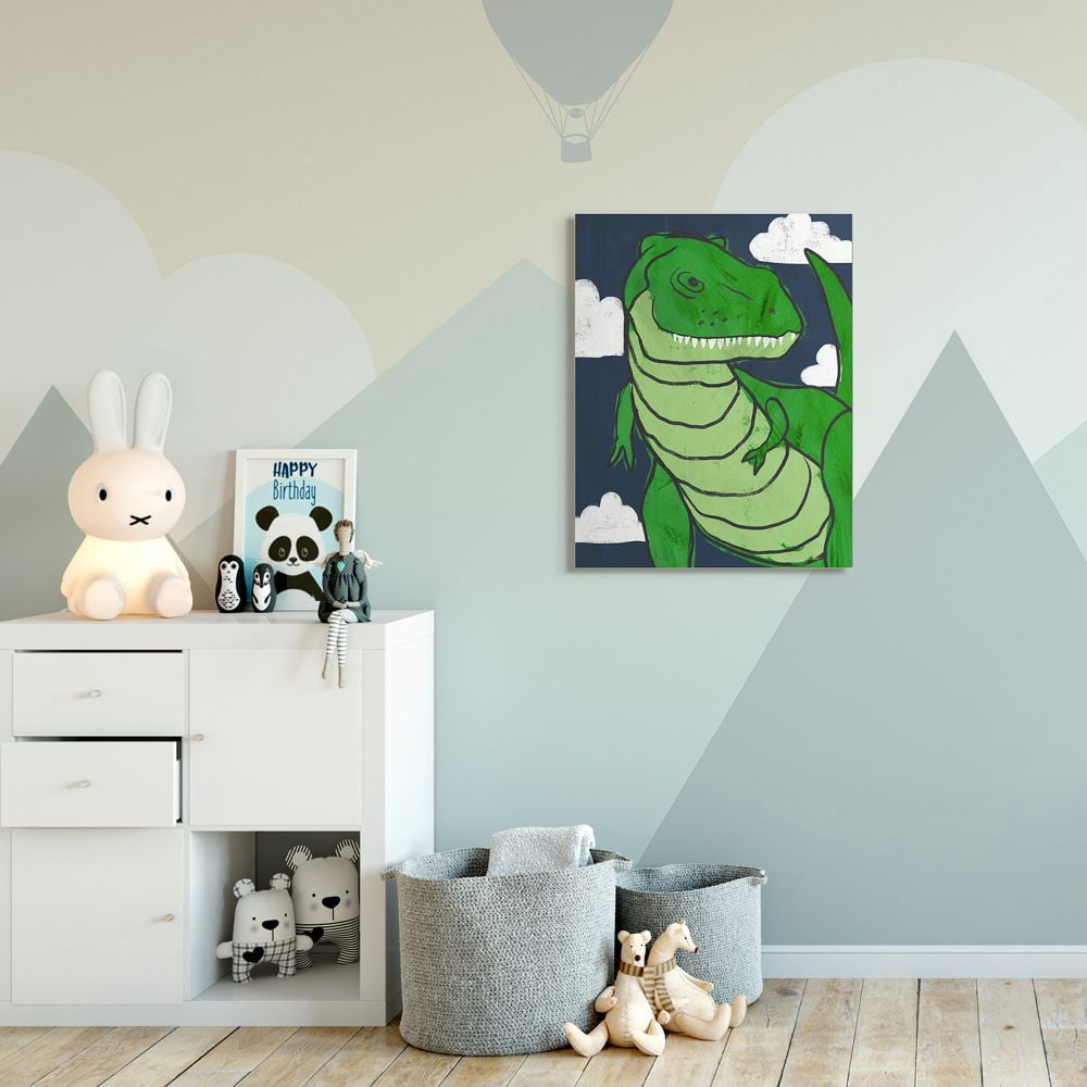 Stupell Industries T-Rex Kid's Illustration Green Dinosaur Blue Sky Canvas Wall Art Design by Daphne Polselli