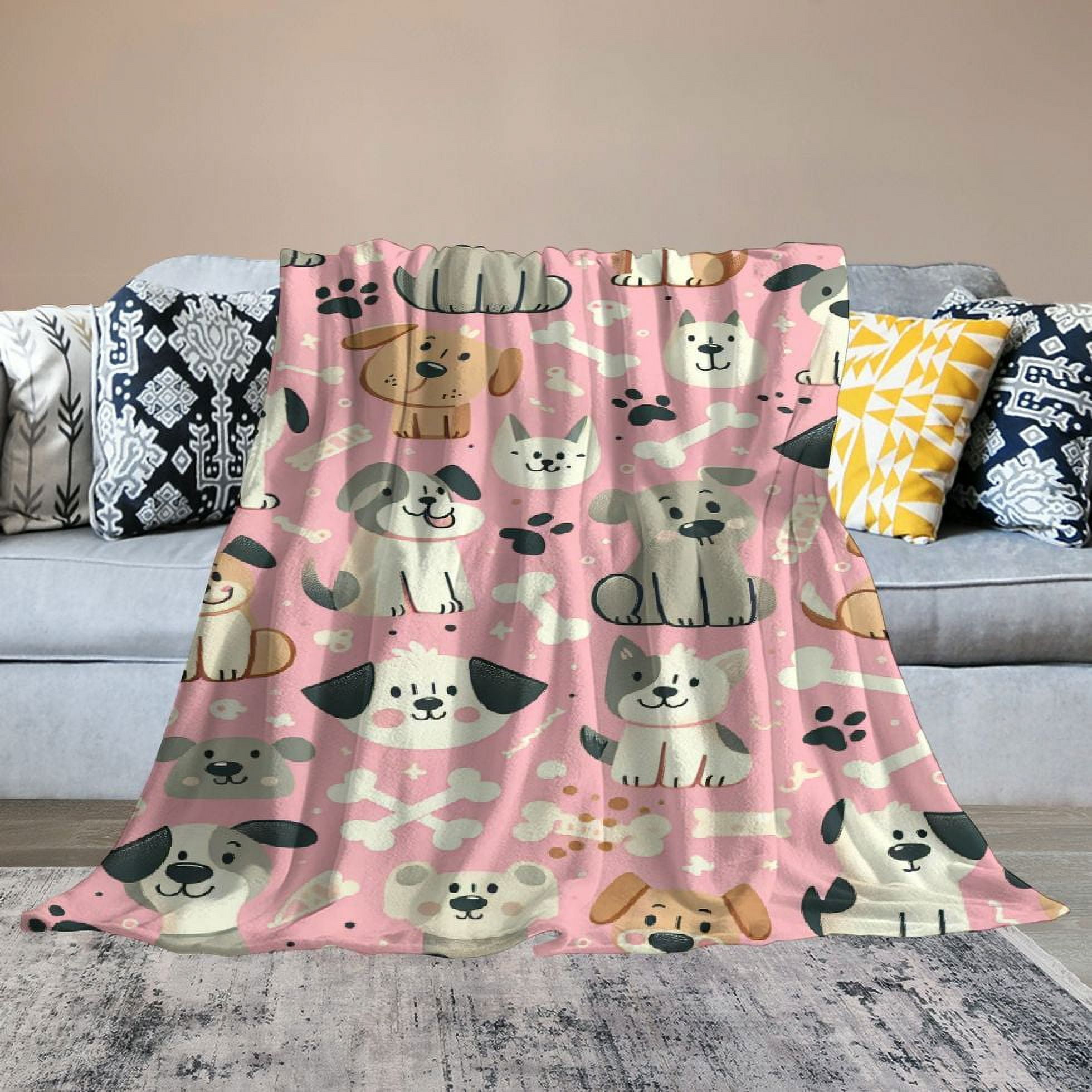 JRXY Flannel Fleece Blanket Cute Dogs Pink Ultra Soft Warm All Season Puppy Animals Decorative White