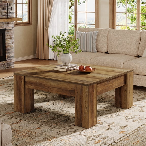 39" Square Wooden Coffee Table, Rustic Farmhouse Center Table with Sturdy Legs for Living Room, Easy-to-Assemble Accent Furniture