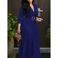 thumbnail image 3 of Womens Pleated Dress V Neck Long Sleeve A Line Church Formal Works Business Dresses with Belt Dark Blue S, 3 of 8