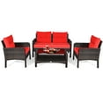 thumbnail image 1 of Patiojoy Ensemble de Conversation de Patio 4 Pcs en Rotin Osier Causeuse Canapé Table Basse et Dessus en Verre Coussins Rouges, 1 of 8