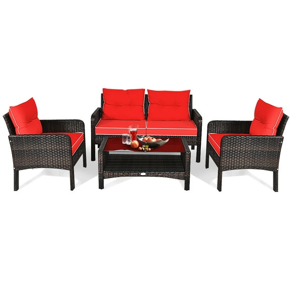Patiojoy 4 Piece Patio Conversation Set Rattan Wicker Loveseat Sofa Coffee Table & Glass Top Red Cushions