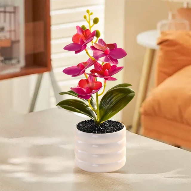 Phalaenopsis Artificial Bonsai Silk Flower | Lifelike Plastic Potted Orchid | Flexible Shapeable Stems | Weighted Pot for Stability | Rose Red | 22x6.5cm | Realistic Home Office Wedding Decor